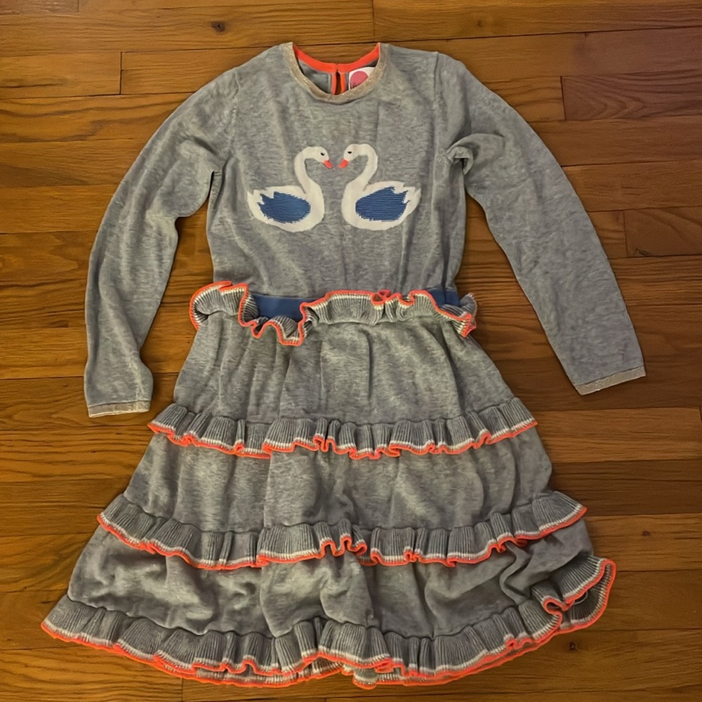 Mini Boden Gray Dress with Swan Design and Ruffle Details size 9/10